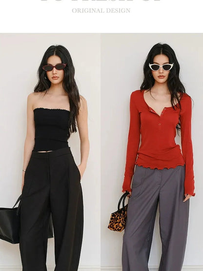 FU FRESH UP Fall Winter Lem Style Drop Shaped Wide Leg Trousers