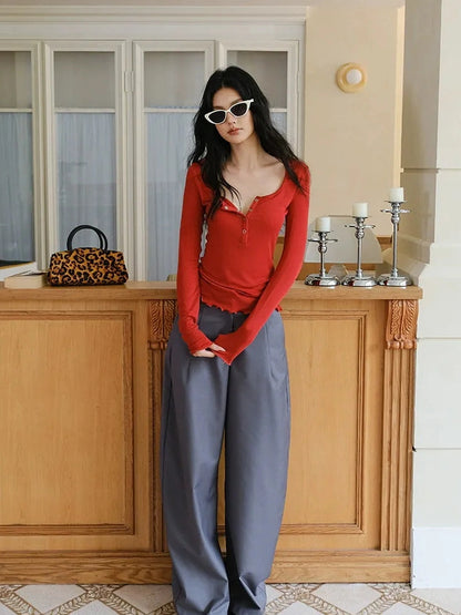 FU FRESH UP Fall Winter Lem Style Drop Shaped Wide Leg Trousers
