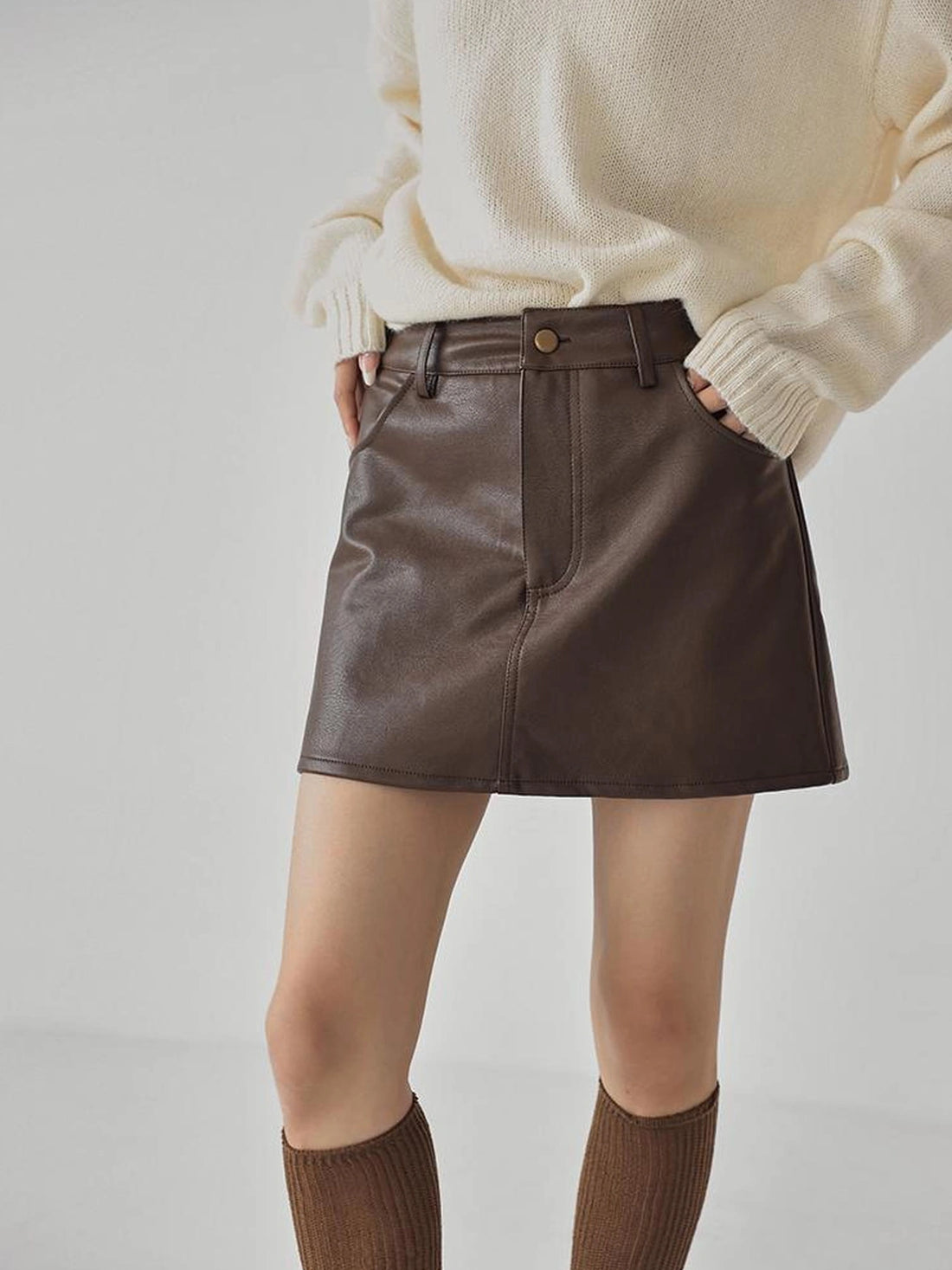 FU FRESH UP Fall Winter Pu Leather A Line Mini Skirt