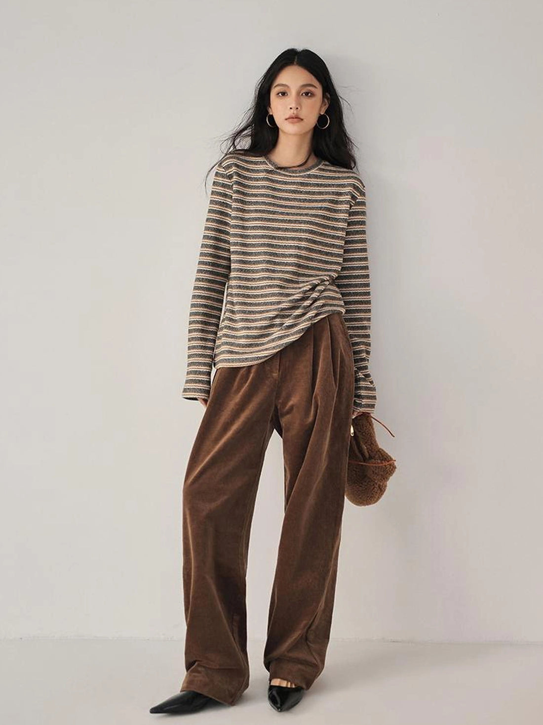 FU FRESH UP Fall Winter Striped Corduroy Wide Leg Trousers