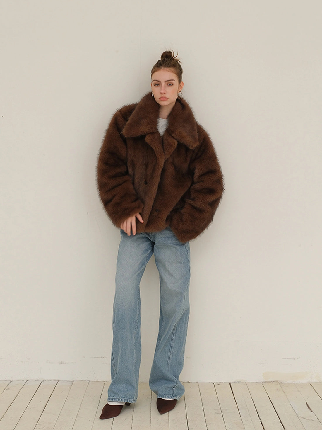 Faux Fox Fur Collar Winter Coat V-neck T-shirt Long Sleeve