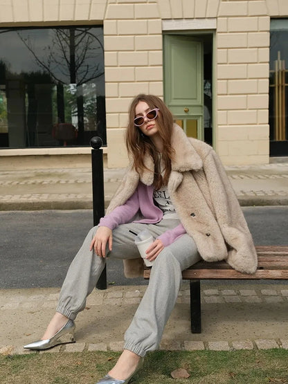 Faux Fox Fur Collar Winter Coat V-neck T-shirt Long Sleeve