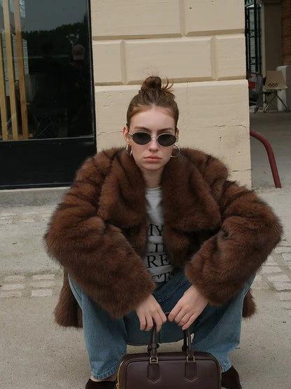 Faux Fox Fur Collar Winter Coat V-neck T-shirt Long Sleeve