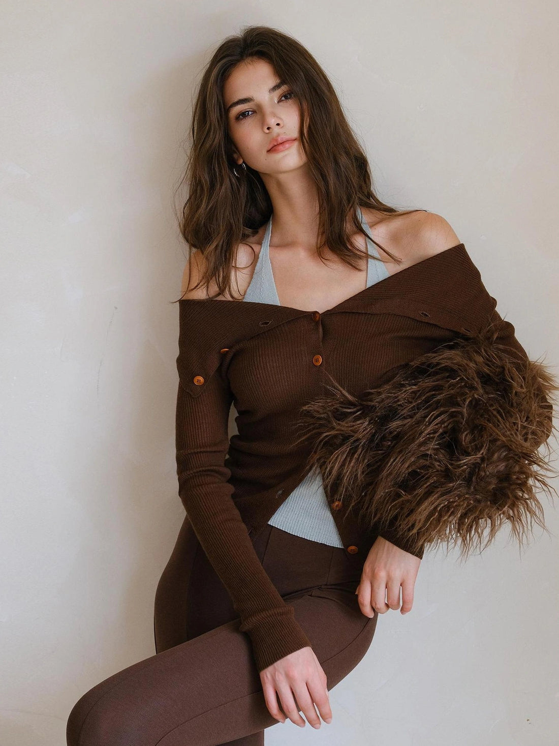 FU FRESH UP Fine Wool Off Shoulder Knit Two Piece Set