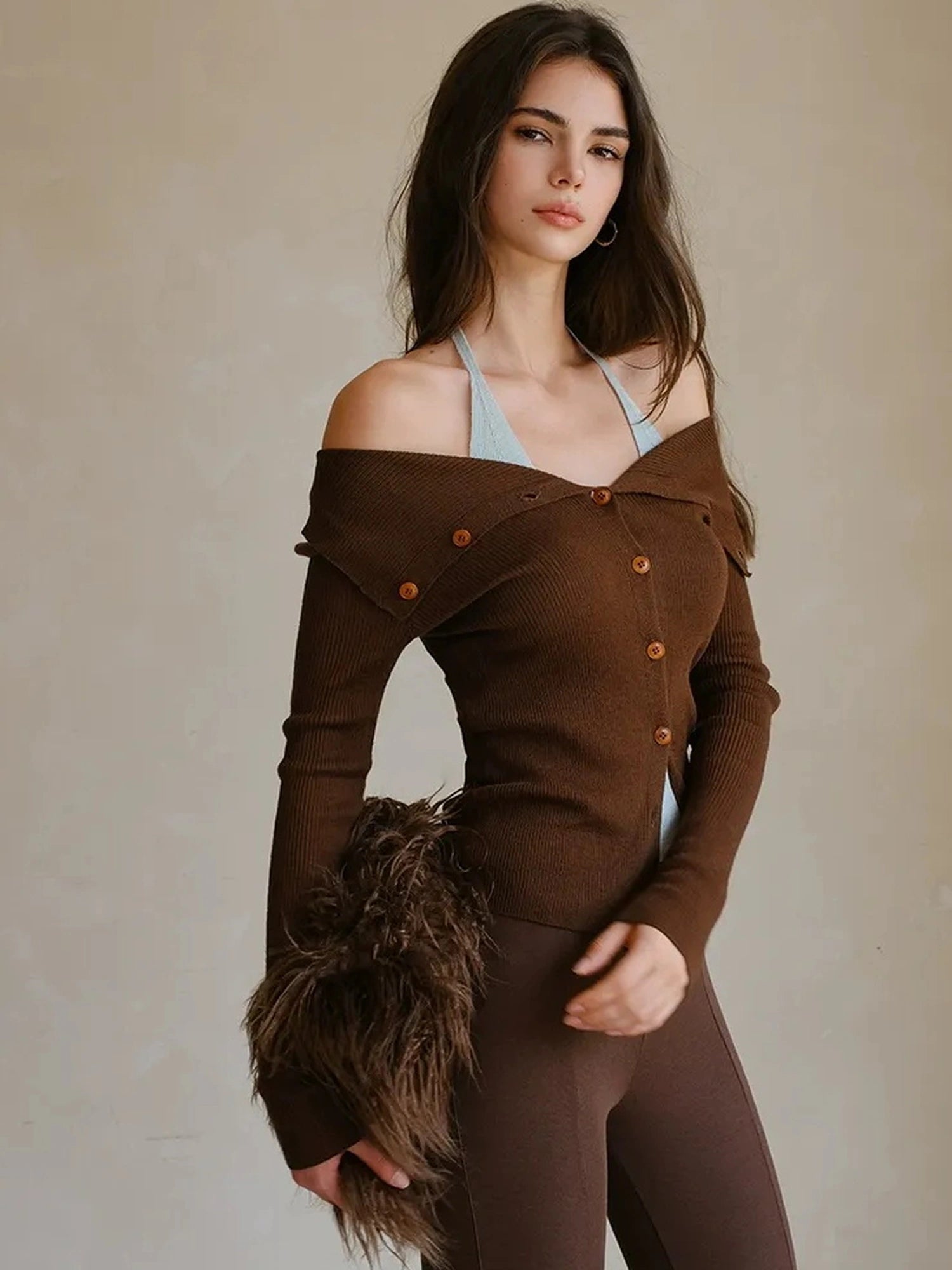 FU FRESH UP Fine Wool Off Shoulder Knit Two Piece Set