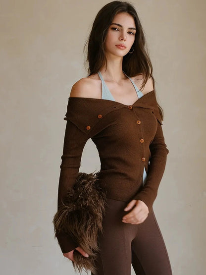 FU FRESH UP Fine Wool Off Shoulder Knit Two Piece Set