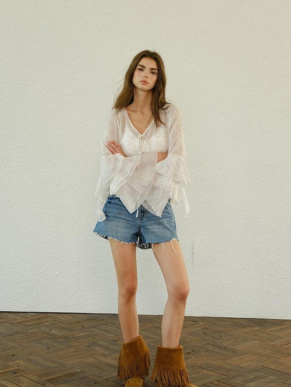 FU FRESH UP Floral Print Ruffle Tie V-neck Cropped Long Sleeve Women&