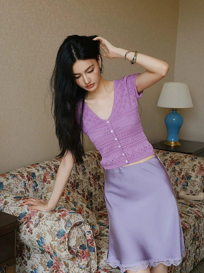 FU FRESH UP French Elegance Lace Trim Satin Slip Skirt