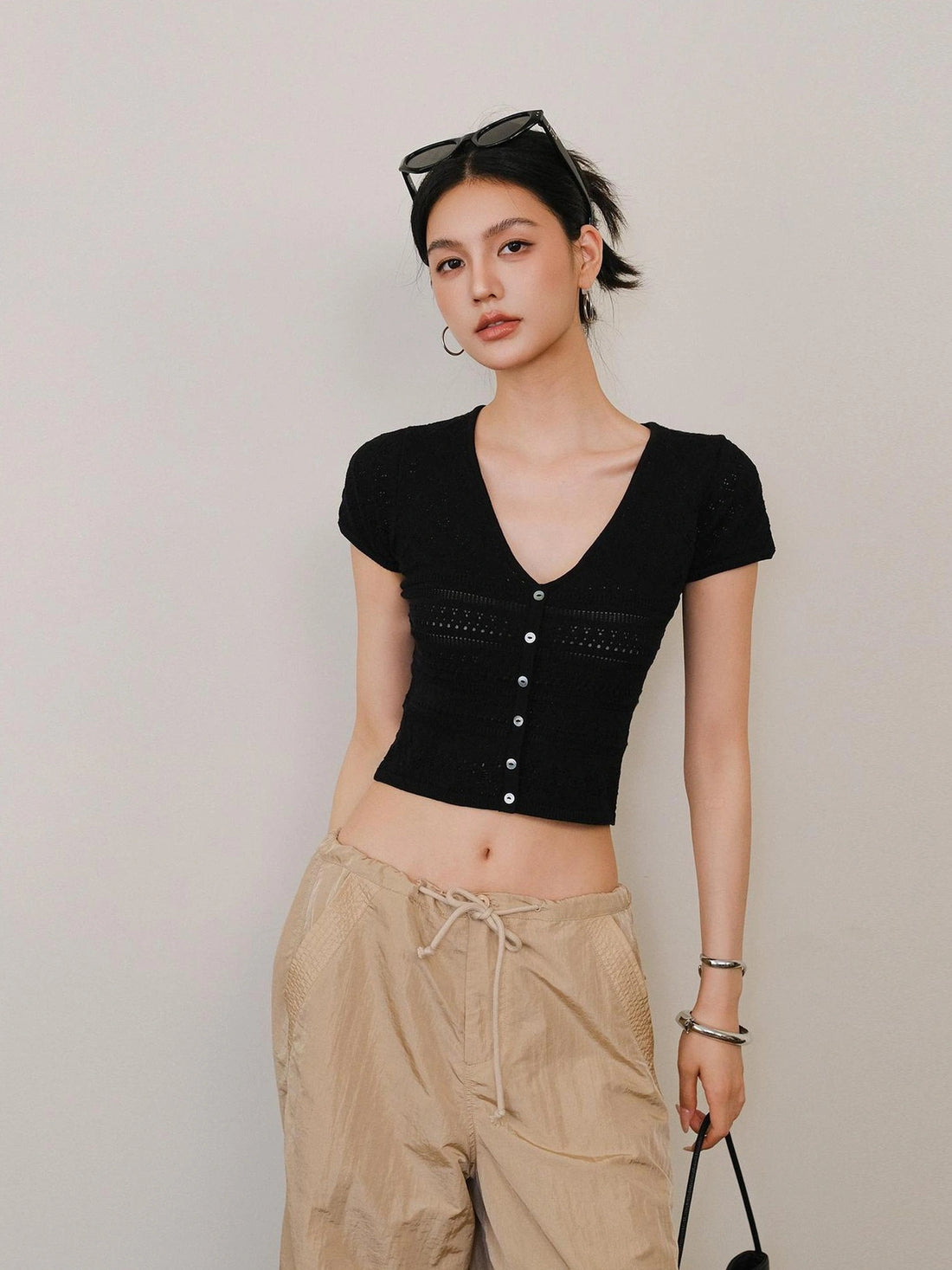 FU FRESH UP French Hollow Crochet V-neck Crop Top