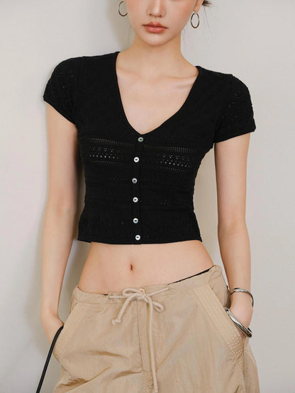 FU FRESH UP French Hollow Crochet V-neck Crop Top
