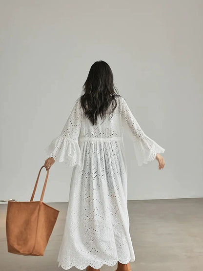 French Lace Embroidered Maxi Dress With Flared Sleeves