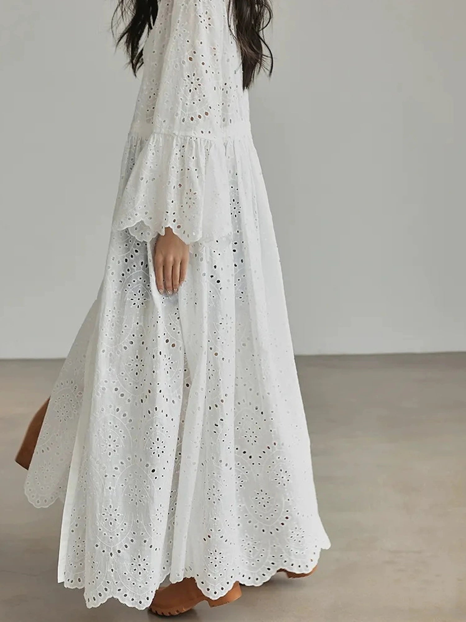 French Lace Embroidered Maxi Dress With Flared Sleeves