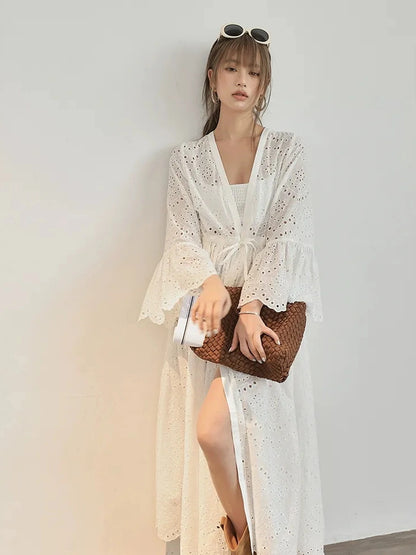 French Lace Embroidered Maxi Dress With Flared Sleeves
