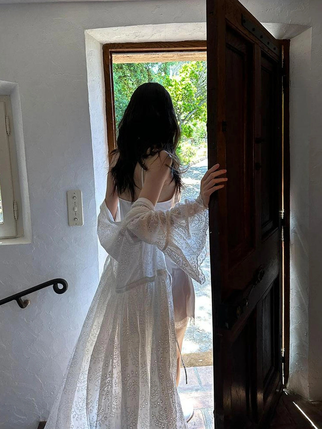 French Lace Embroidered Maxi Dress With Flared Sleeves