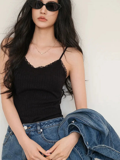 FU FRESH UP French Lace Knit Camisole V-neck T-shirt Long Sleeve