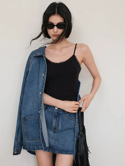 FU FRESH UP French Lace Knit Camisole V-neck T-shirt Long Sleeve