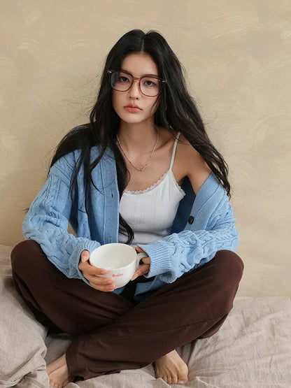 FU FRESH UP French Lace Knit Camisole V-neck T-shirt Long Sleeve