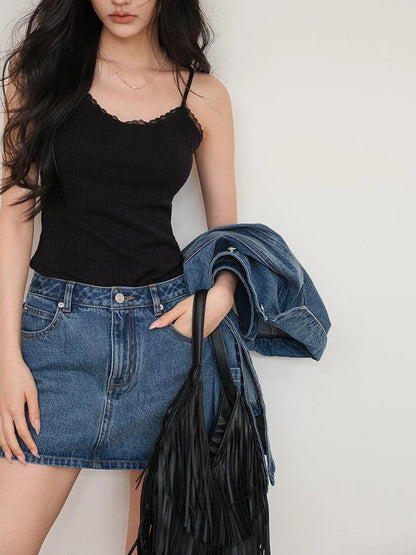 FU FRESH UP French Lace Knit Camisole V-neck T-shirt Long Sleeve