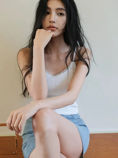 FU FRESH UP French Lace Knit Camisole V-neck T-shirt Long Sleeve
