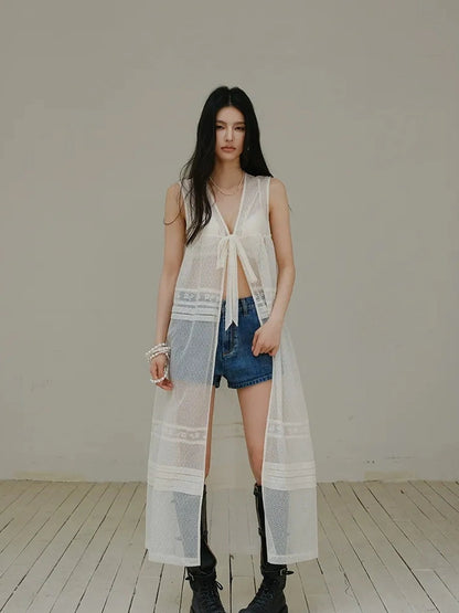 French Lace Sheer Long Vest With Slip Top Set