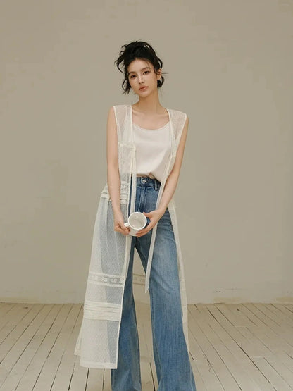 French Lace Sheer Long Vest With Slip Top Set