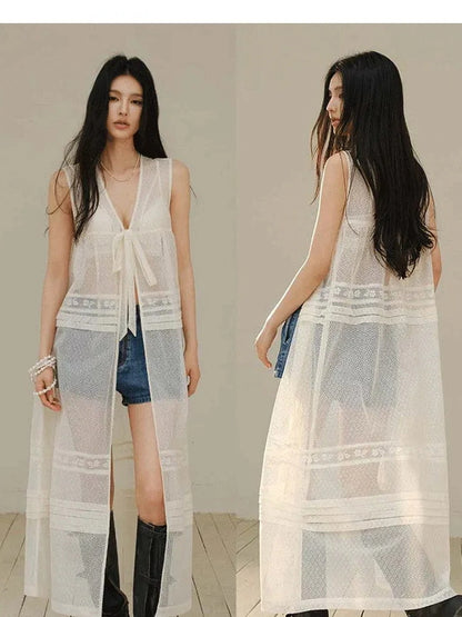 French Lace Sheer Long Vest With Slip Top Set