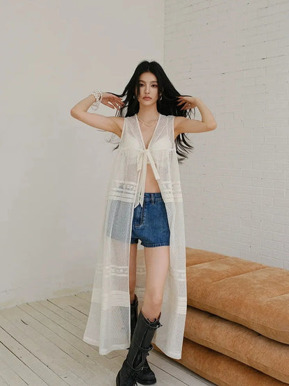 French Lace Sheer Long Vest With Slip Top Set