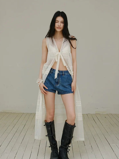 French Lace Sheer Long Vest With Slip Top Set