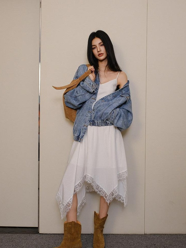 FU FRESH UP French Lace Spliced Irregular Hem Women&