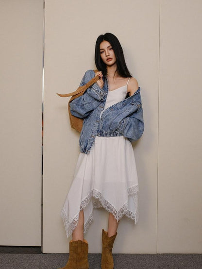 FU FRESH UP French Lace Spliced Irregular Hem Women&