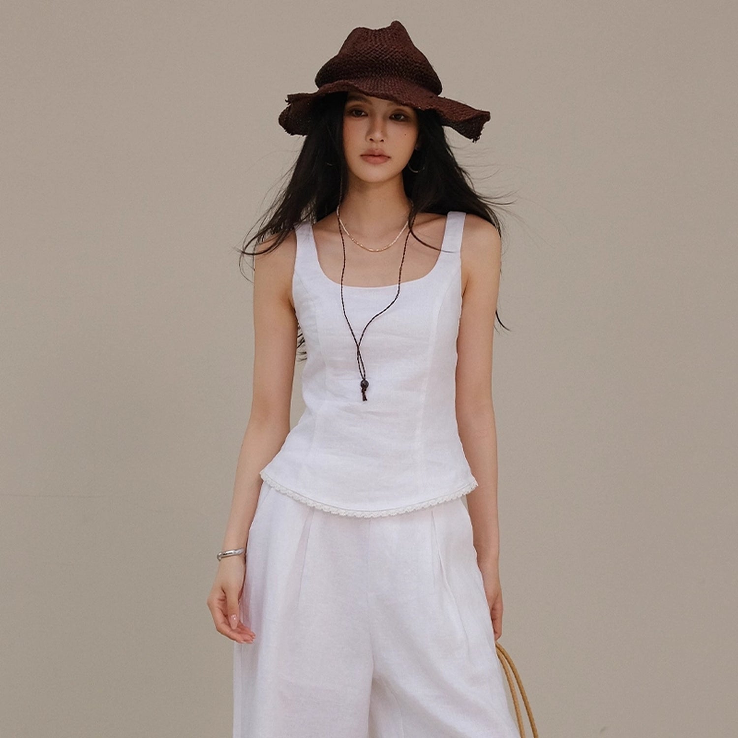 FU_FRESH_UP_French_Lace_Trim_Linen_Camisole_And_Wide_Leg_Pants_Set_MISSTT