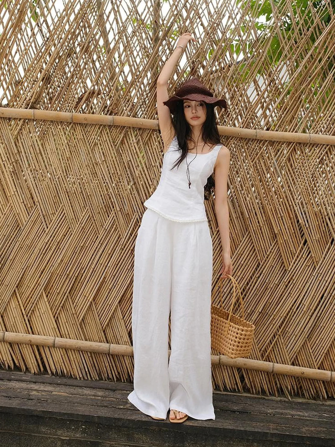 French Lace Trim Linen Camisole And Wide Leg Pants Set