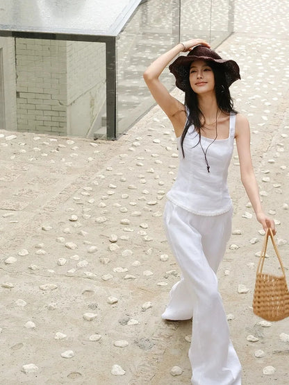 French Lace Trim Linen Camisole And Wide Leg Pants Set