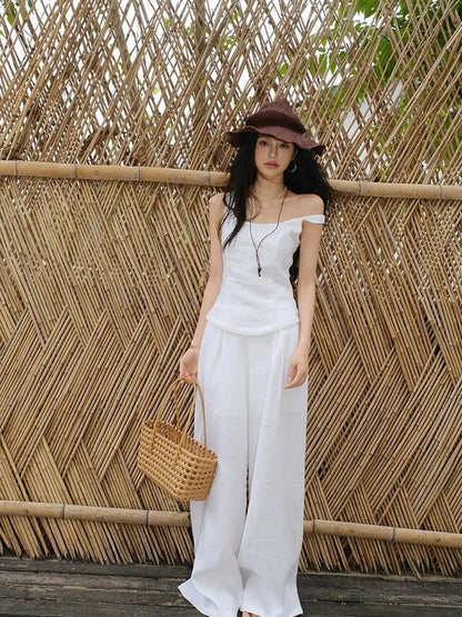 French Lace Trim Linen Camisole And Wide Leg Pants Set