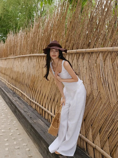 French Lace Trim Linen Camisole And Wide Leg Pants Set