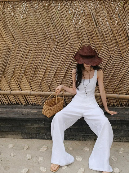 French Lace Trim Linen Camisole And Wide Leg Pants Set