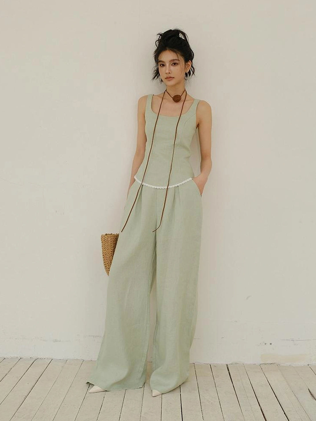 French Lace Trim Linen Camisole And Wide Leg Pants Set