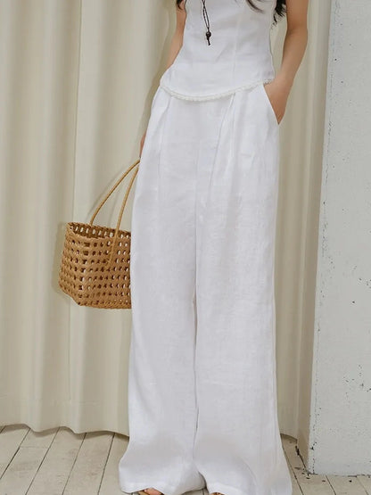French Lace Trim Linen Camisole And Wide Leg Pants Set