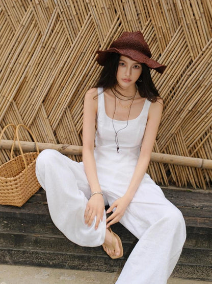 French Lace Trim Linen Camisole And Wide Leg Pants Set