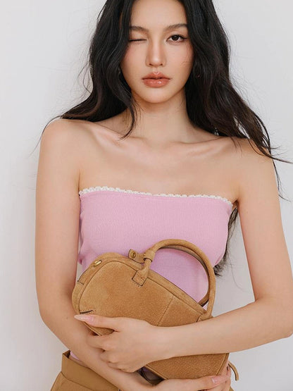 FU FRESH UP French Lace Trim Off Shoulder Knit Tube Top