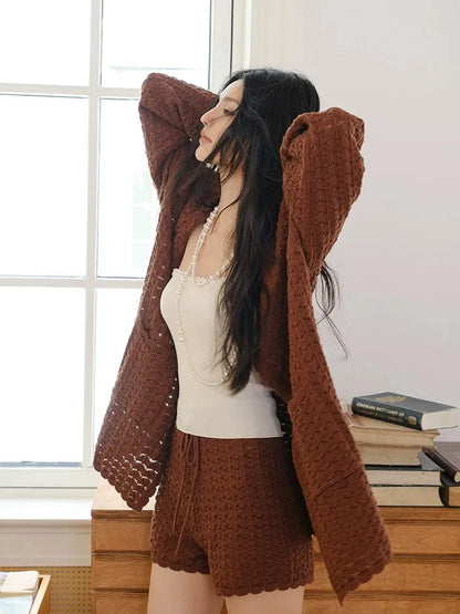 FU FRESH UP French Retro Crochet Lace Knit Cardigan Set