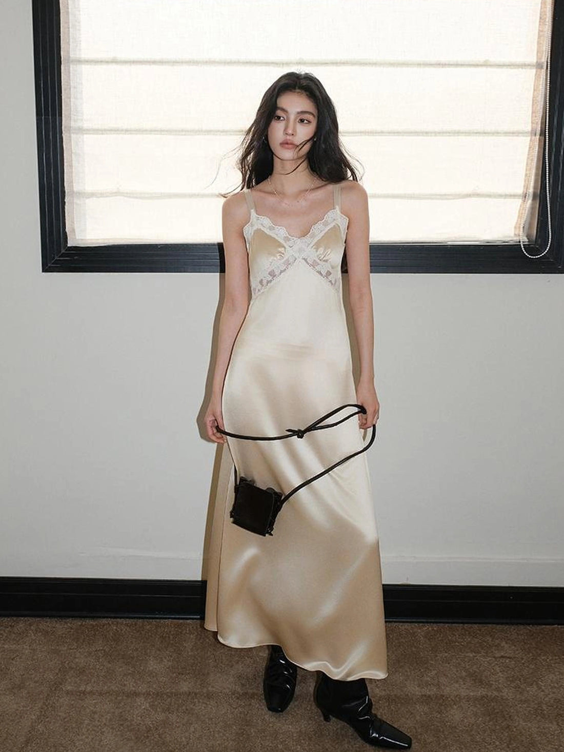 FU FRESH UP French Romantic Lace Trimmed Satin Slip Dress