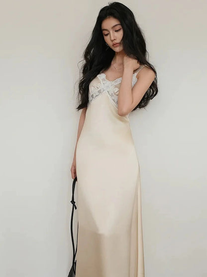 FU FRESH UP French Romantic Lace Trimmed Satin Slip Dress