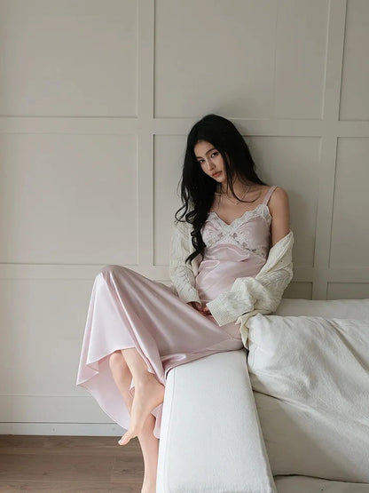 FU FRESH UP French Romantic Lace Trimmed Satin Slip Dress