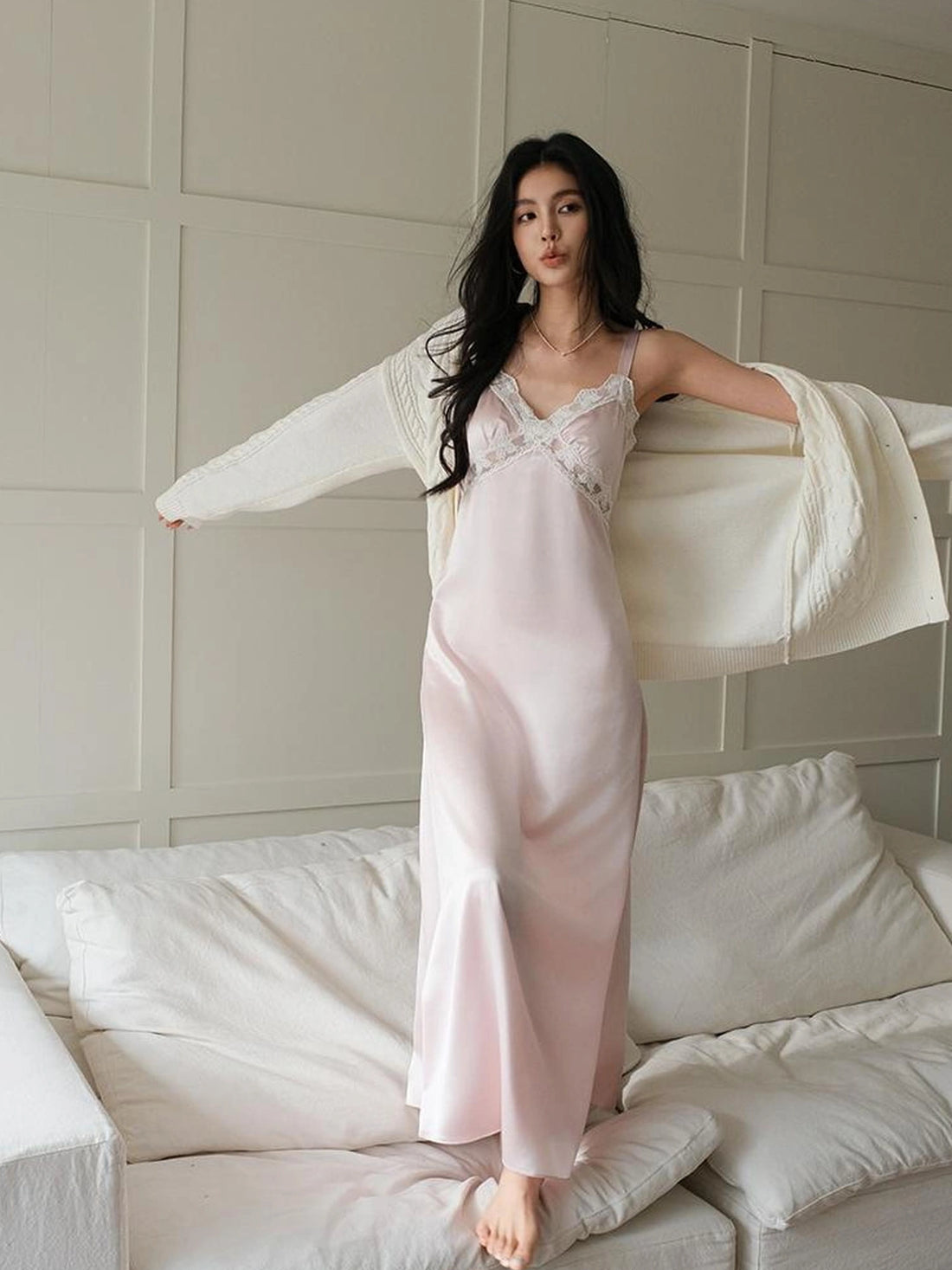 FU FRESH UP French Romantic Lace Trimmed Satin Slip Dress