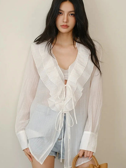 FU FRESH UP French Romantic Ruffle V-neck Blouse