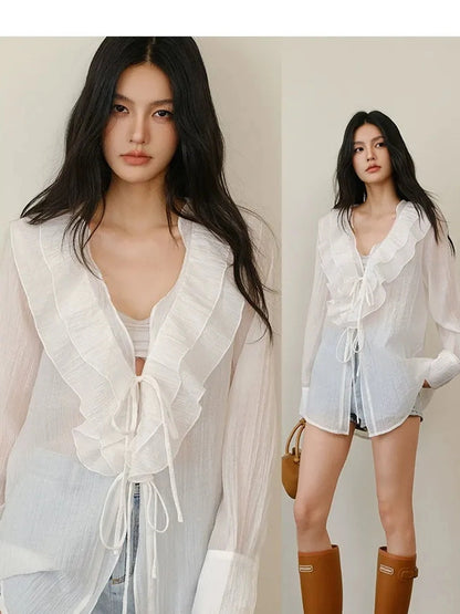 FU FRESH UP French Romantic Ruffle V-neck Blouse
