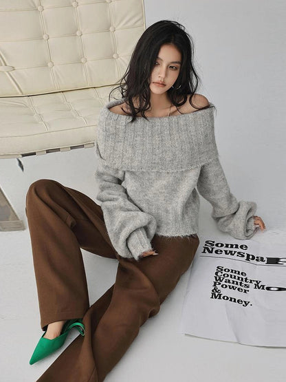 FU FRESH UP French Romantic Wool Off Shoulder Knit