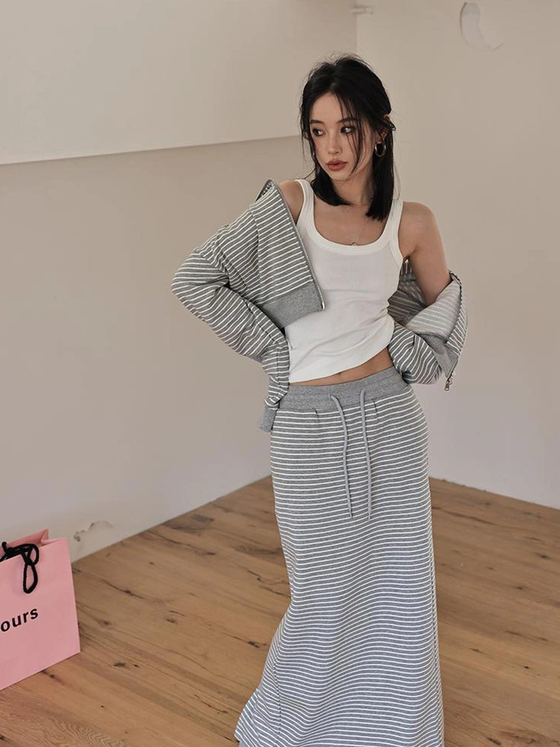 FU FRESH UP French Stripe Zip Up Set With A Line Skirt