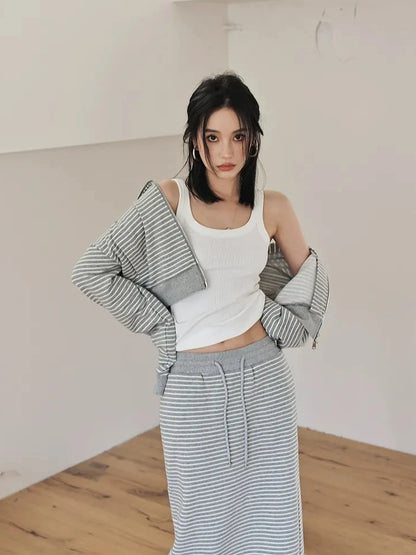 FU FRESH UP French Stripe Zip Up Set With A Line Skirt